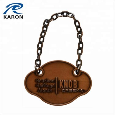 custom embossed logo wine hang tag with metal chain