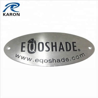 oval shape custom etched steel name plate with stitch holes